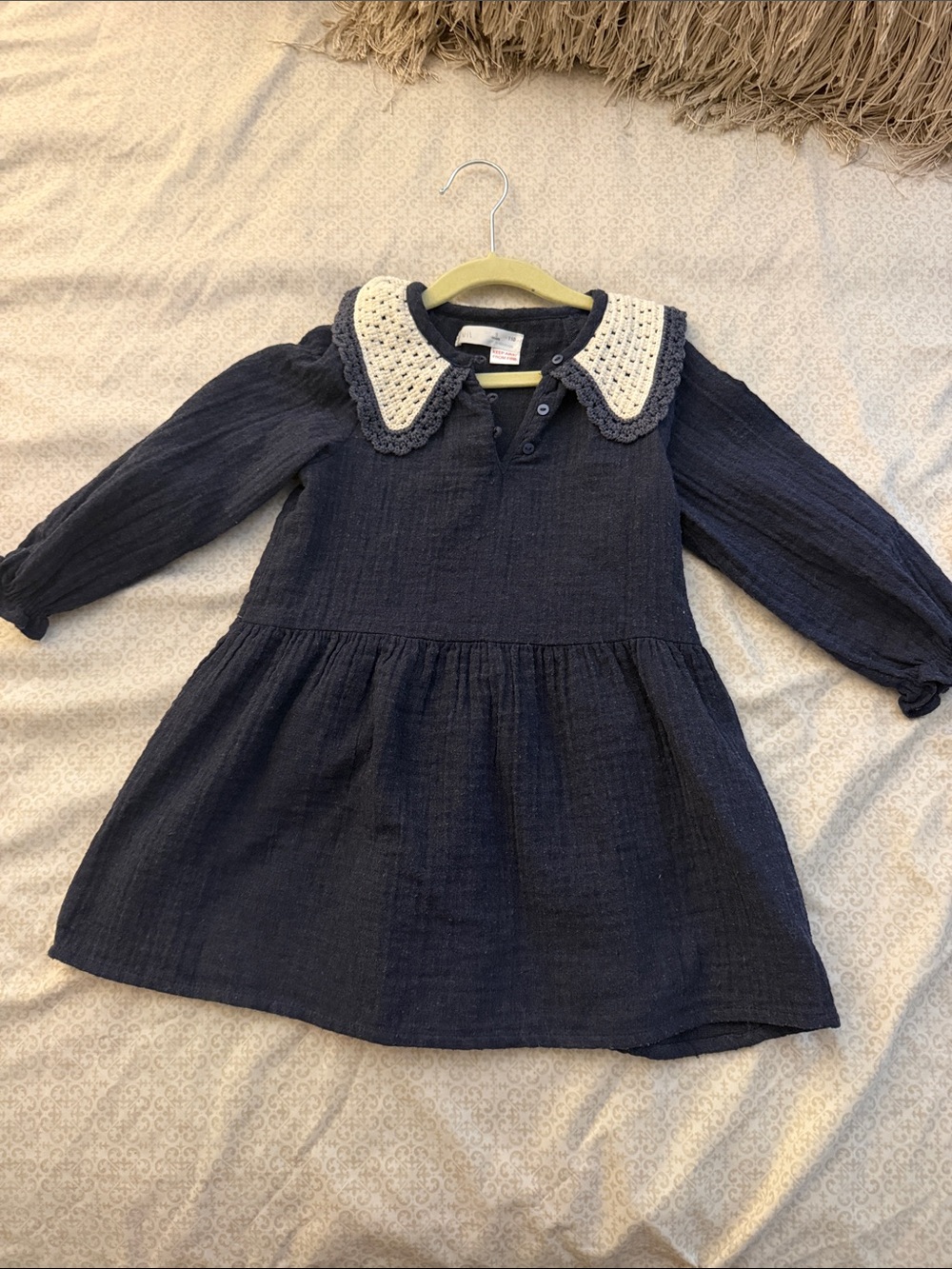 Zara Navy Kids Dress with Cream Crochet Collar